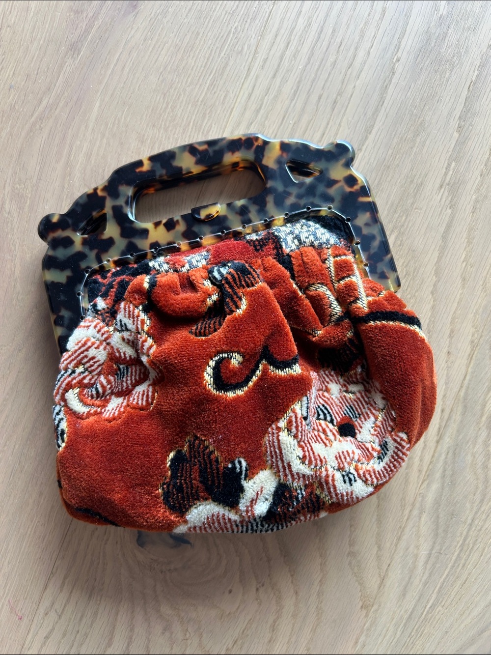 Women’s Velvet Floral Clutch with Tortoiseshell Handle - Rust